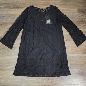 Love Stitch Womens S Lace Mini Dress Black Wool Blend Crochet Bell Slv IMP-7906